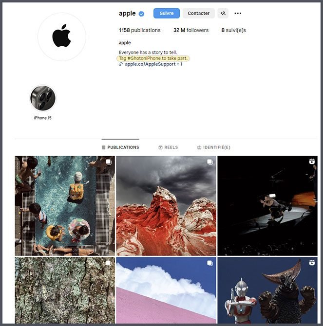 Capture d'écran du compte Instagram d'Apple qui affiche un hashtag de marque dans sa bio