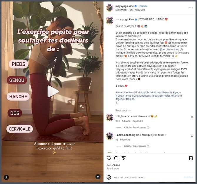 Capture d'écran d'une vidéo sur Instagram avec une sélection stratégique de hashtags dans la description