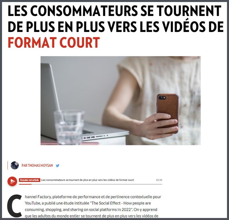 Capture d'écran d'un article sur le web qui aborde le sujet de la consommation croissante de vidéos de format court