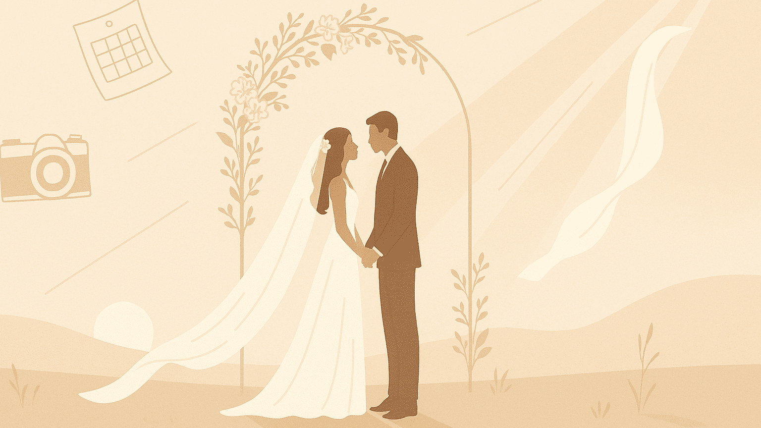 La mariée et le marié sont face à face devant une arche pendant leur cérémonie de mariage
