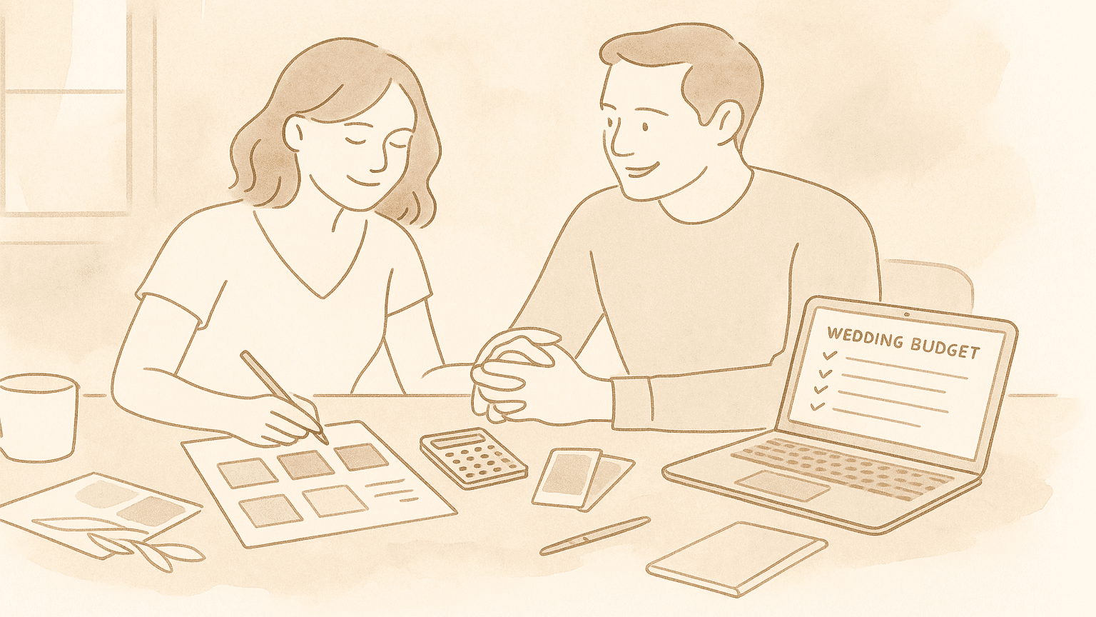 Illustration d'un couple qui réfléchit à sa vision pour son mariage et qui calcule un budget à allouer