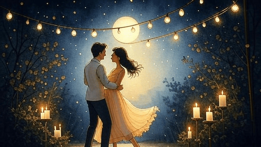 Le marié et la mariée dansent, éclairés par des bougies et des guirlandes lumineuses