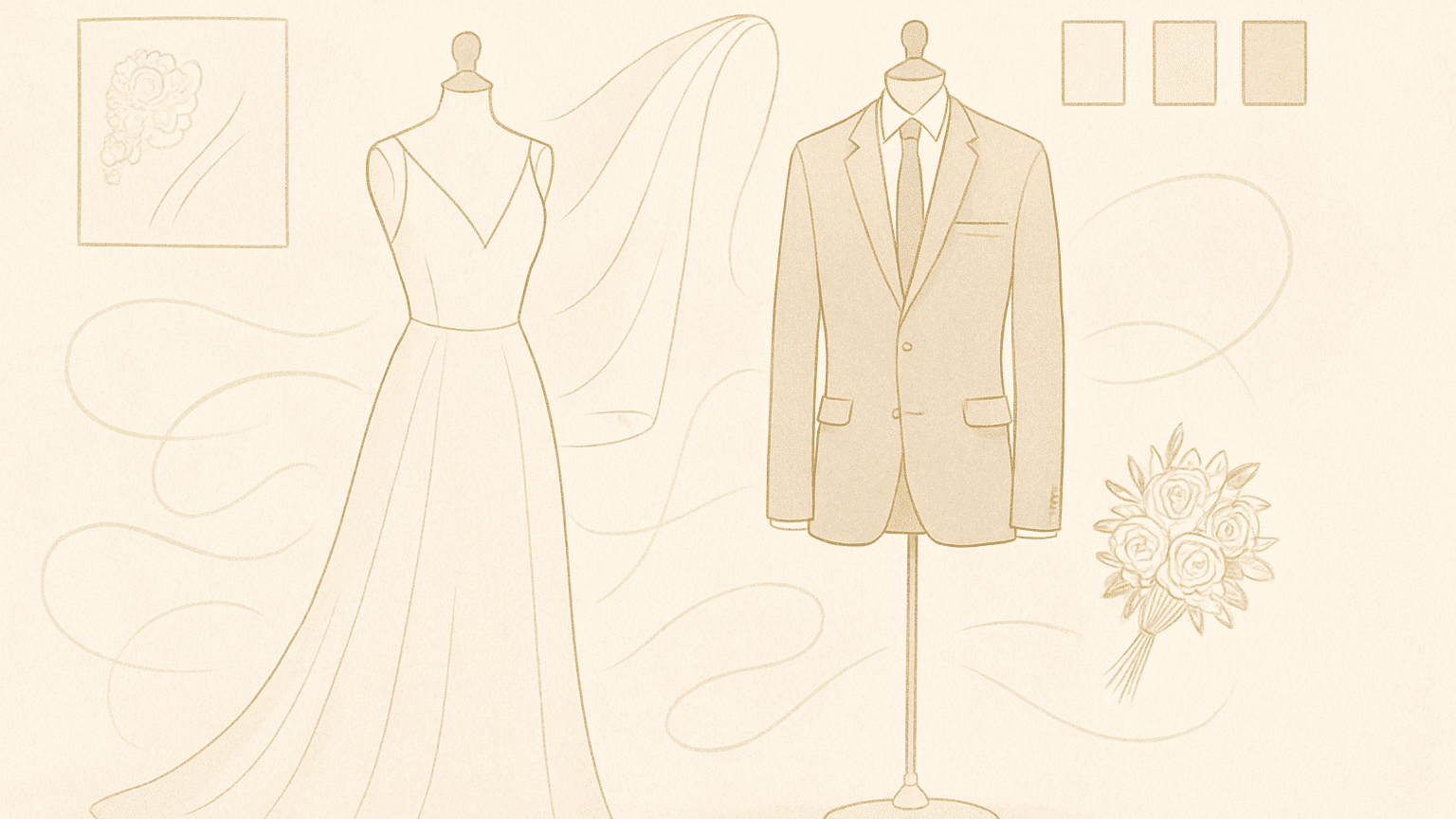 Une robe de mariée et un costume de marié pendent des mannequins